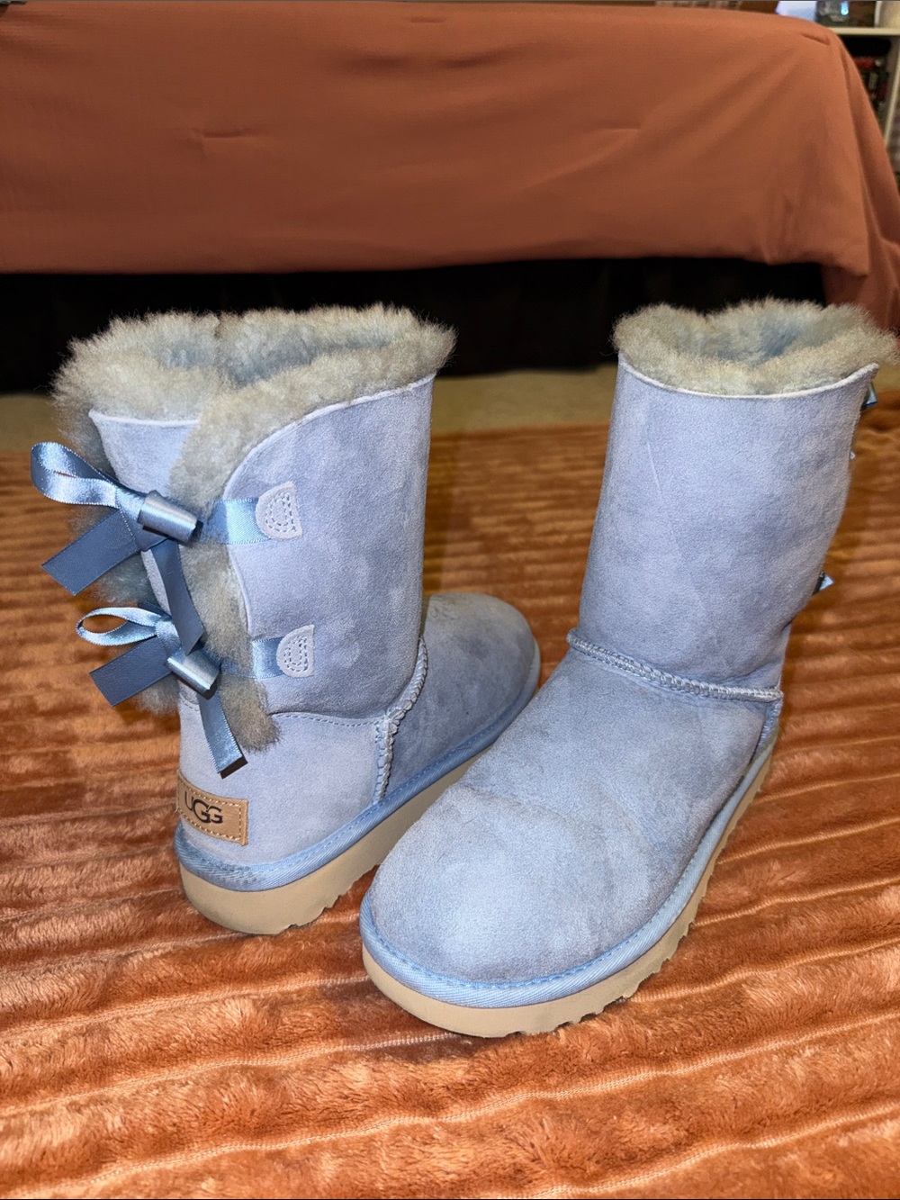 UGG Women's Light Blue Suede Shearling Bow Back Boots